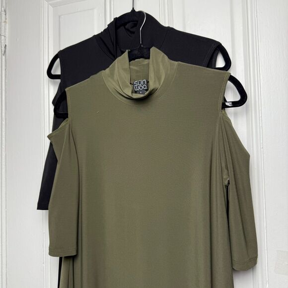 Set of 2: Clara Sun Woo Mini Dresses Womens Small Olive Green Black Mockneck - Picture 2 of 12